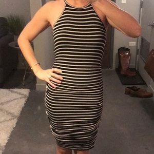 Striped Knee Length Body Con Dress w Rouched Sides